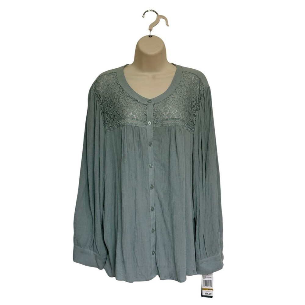 NWT Angels Crinkle Button Front Long Sleeve Lace Yoke Blouse Sz 3X